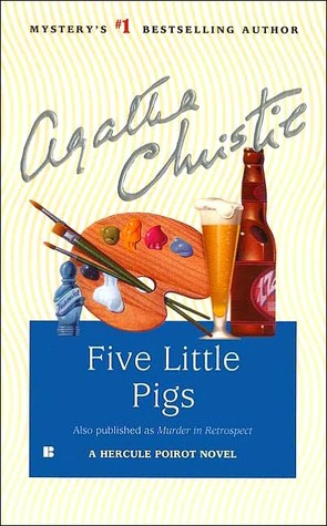 A cover of Agatha Christie's "Five Little Pigs" featuring a small blue bottle, an artist's palette, and a glass of beer next to a brown beer bottle.