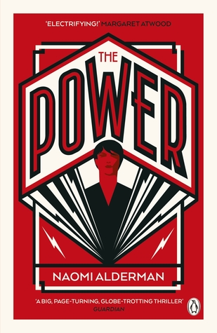 The UK edition of "The Power" by Naomi Alderman, featuring a geometric Art Deco design in black red, and white.