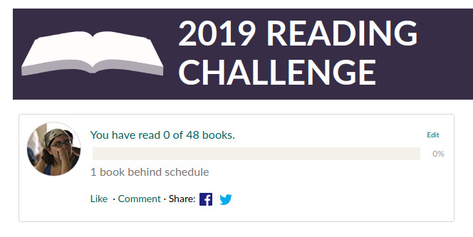 Screencap of a 2019 GoodReads challenge. One book behind, zero books read out of forty-eight.