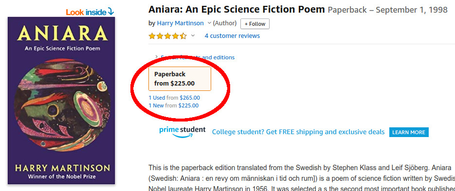 Screenshot of the only English copy of Aniara available on Amazon. Priced at $225!