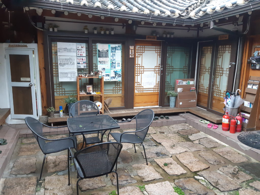 Courtyard of a hanok guesthouse in Seoul