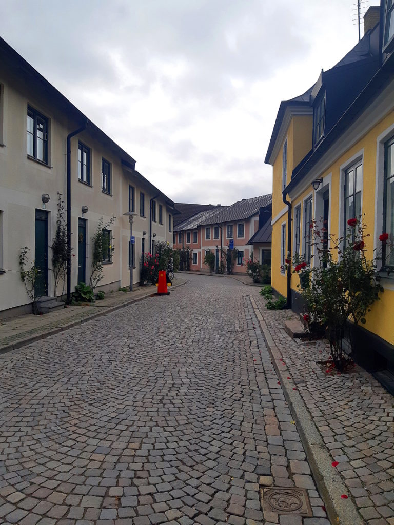 A street in Lund on an overcast day. Single-story buildings in eggshell and yellow are framed by flowering bushes on either side of their entrances.