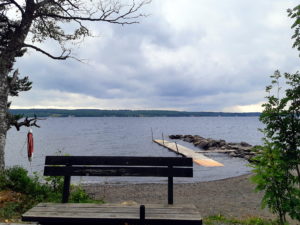 A dock and breaker leading into the water, on an overcast day with a bench in the foreground.