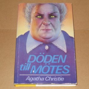 Cover of Swedish version of "Appointment With Death" featuring a caricature portrait of an overweight old woman with yellow cat eyes looking directly at the viewer.