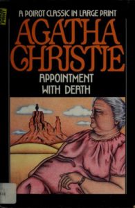 The cover of "Appointment With Death" featuring an illustration of an overweight old woman in a pink dress in profile against a desert backdrop.