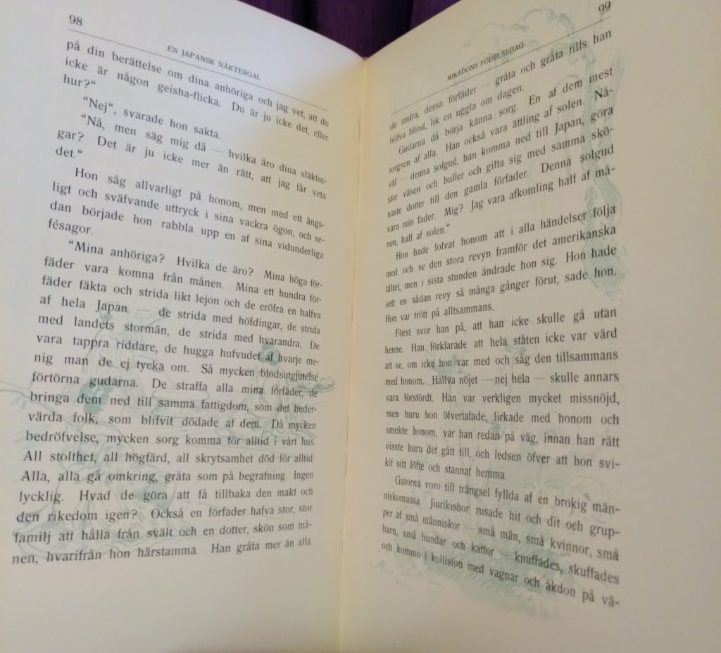 Pages from the Swedish translation of "A Japanese Nightingale" featuring pastel green illustrations behind the text.